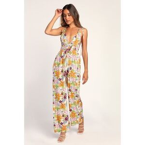 Lulus Paradise Perfect Cream Floral Tie-strap Wide-leg Jumpsuit White - Size S